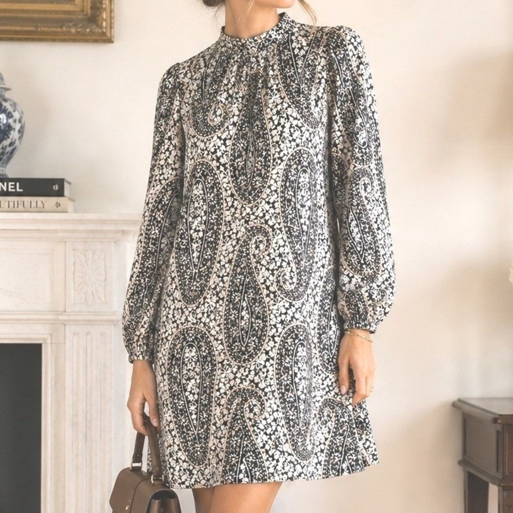 Ann‎ Taylor Petite XXSP Black Ivory Paisley Floral Shift Old Money Mock Neck